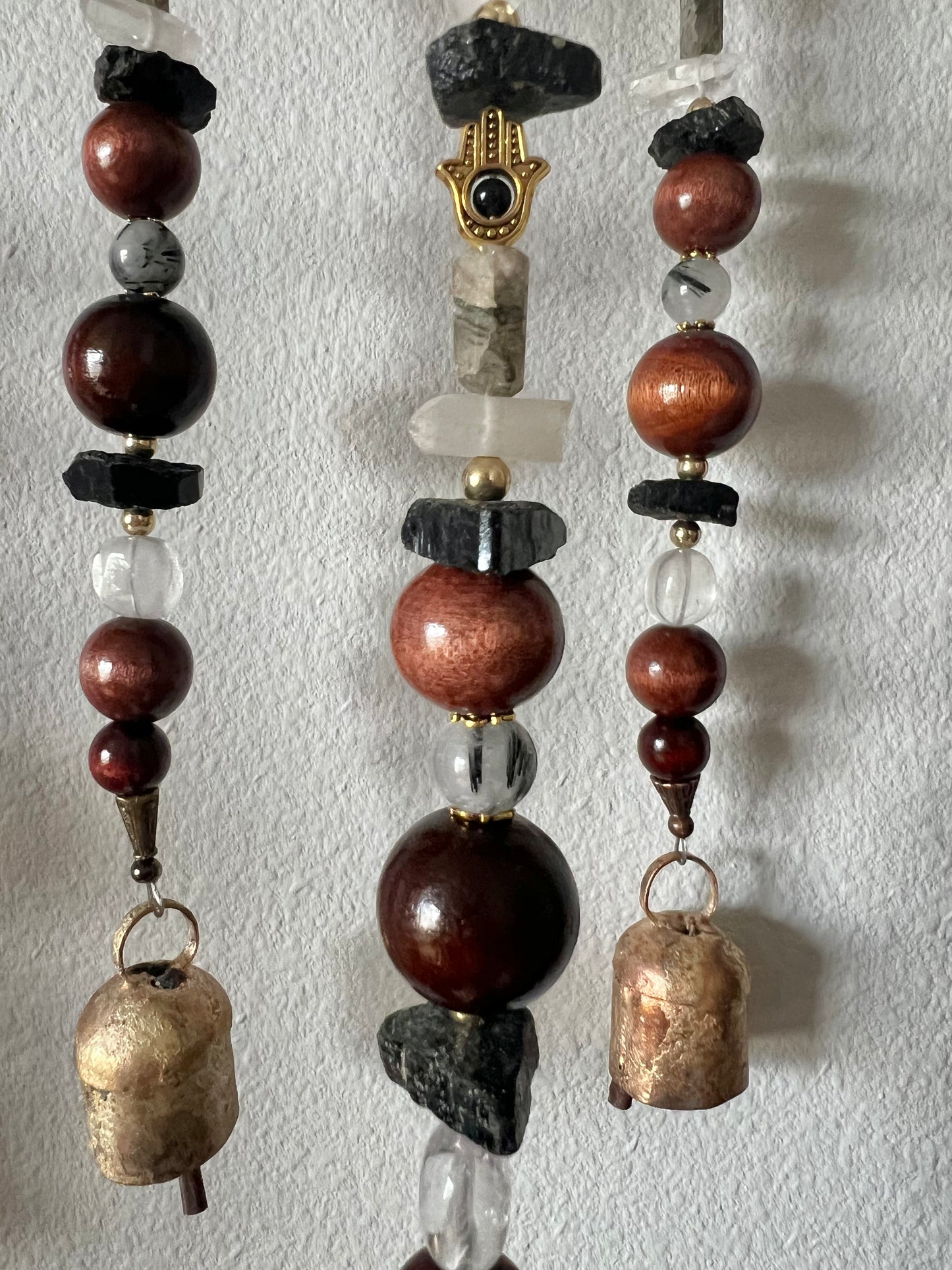 Protection Bell Single Strand: -Black Tourmaline + Tourmalinated Quartz + Clear Quartz with Hamsa hand