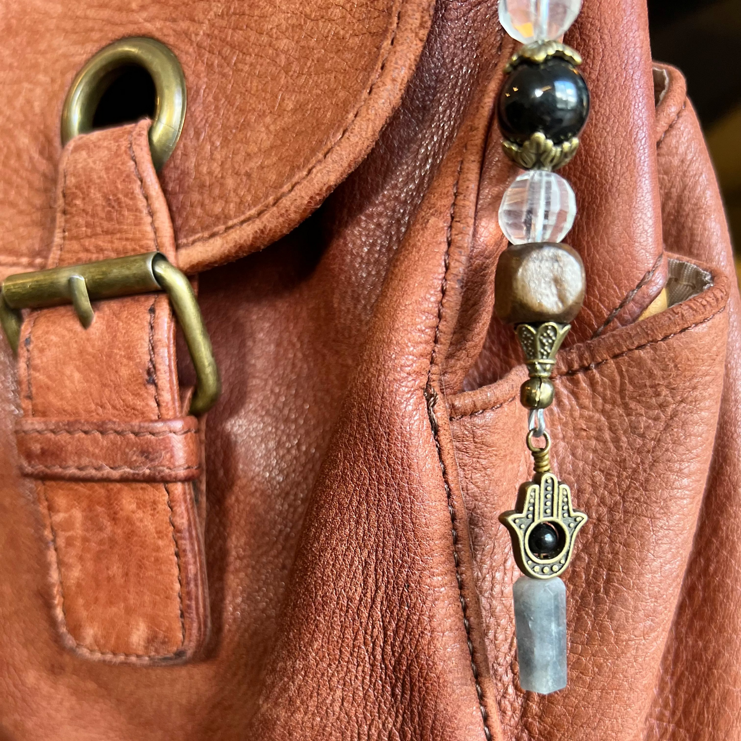 Protection Crystal Clasp: Black Tourmaline + Tourmalinated Quartz + Clear Quartz with Hamsa hand