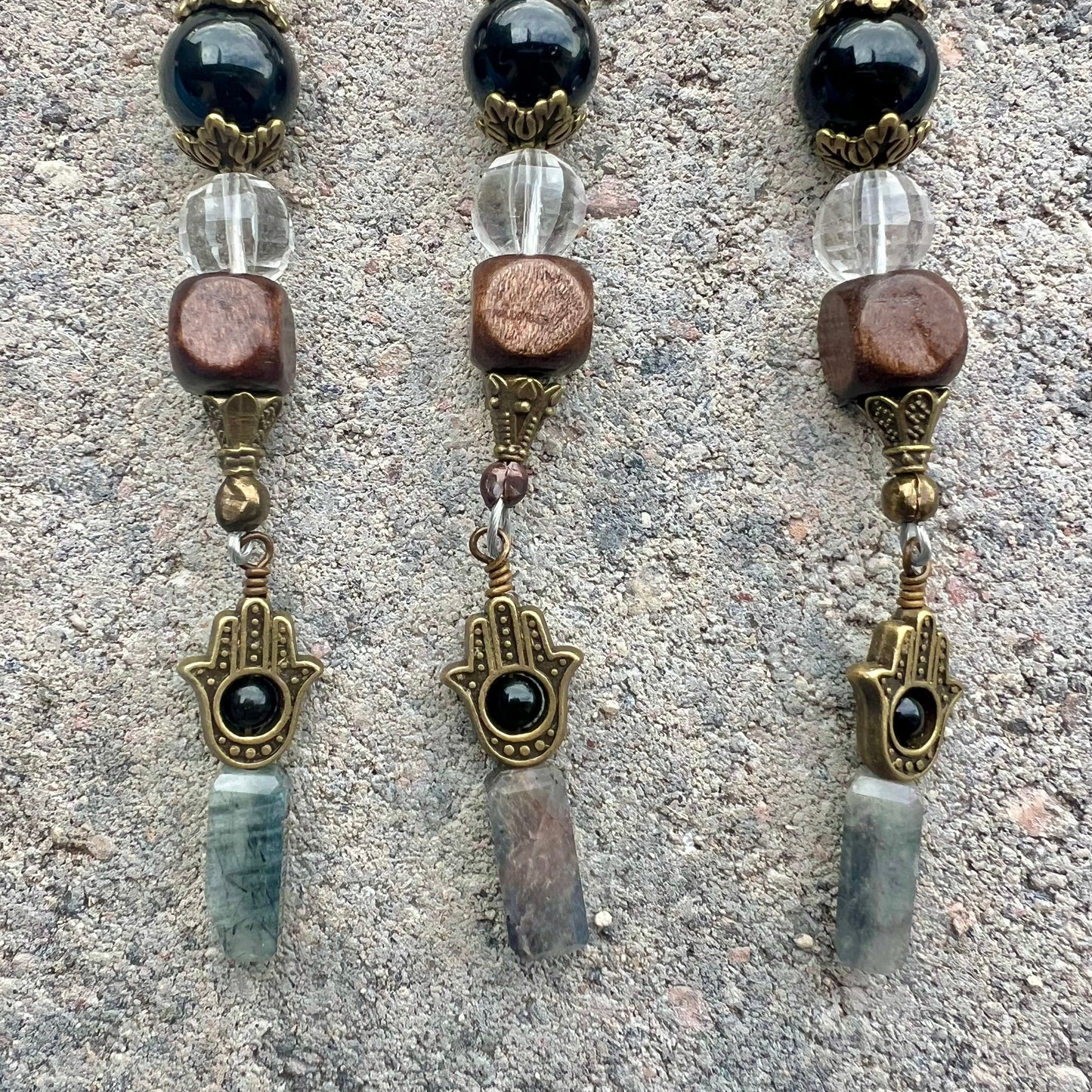 Protection Crystal Clasp: Black Tourmaline + Tourmalinated Quartz + Clear Quartz with Hamsa hand