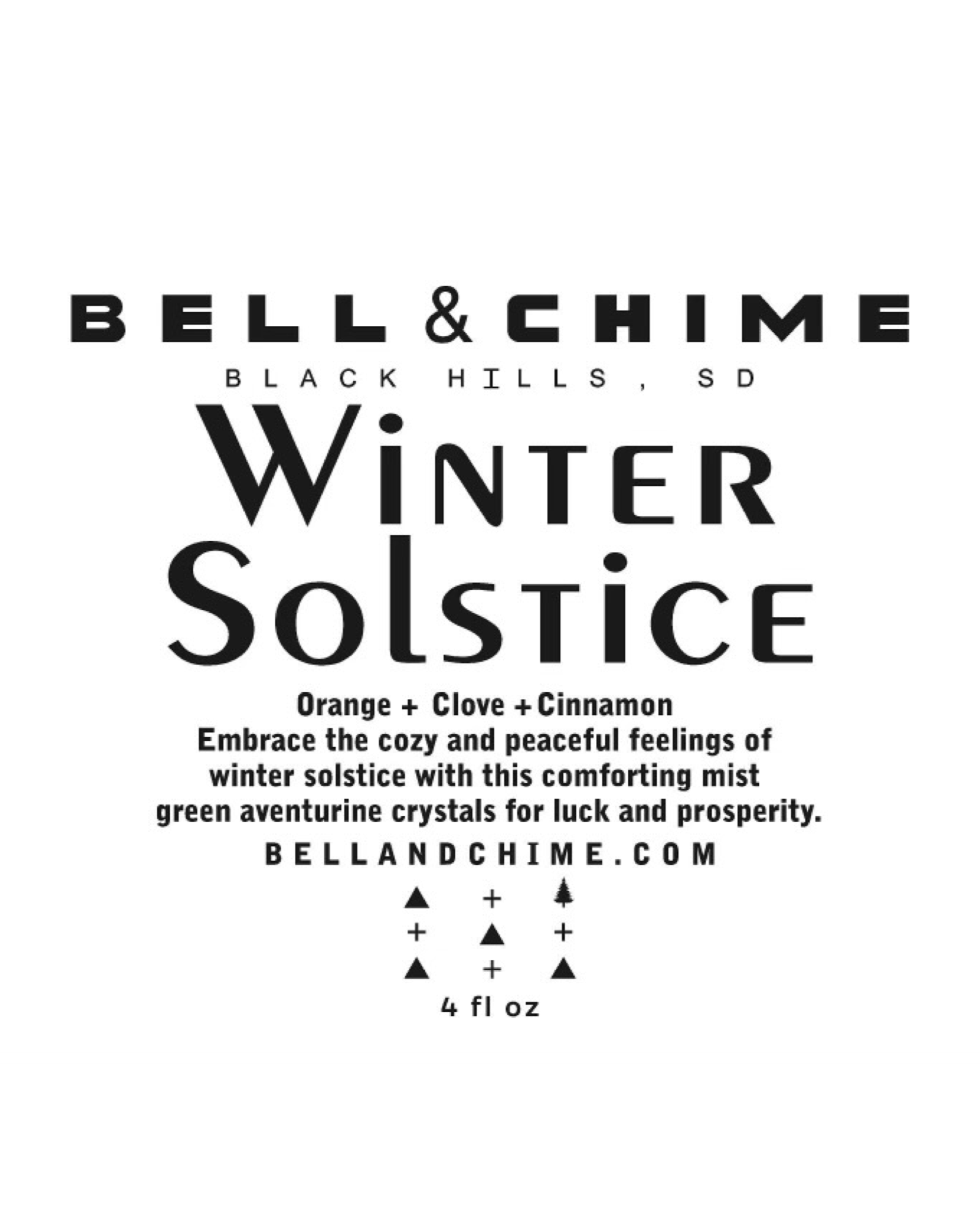 Bell & Chime: Black Hills, SD "Winter Solstice," Orange + Clove + Cinnamon, Embrace the cozy and peaceful feelings of winter solstice with this comforting mist. Green aventurine crystals for luck and prosperity. 4 fl oz.