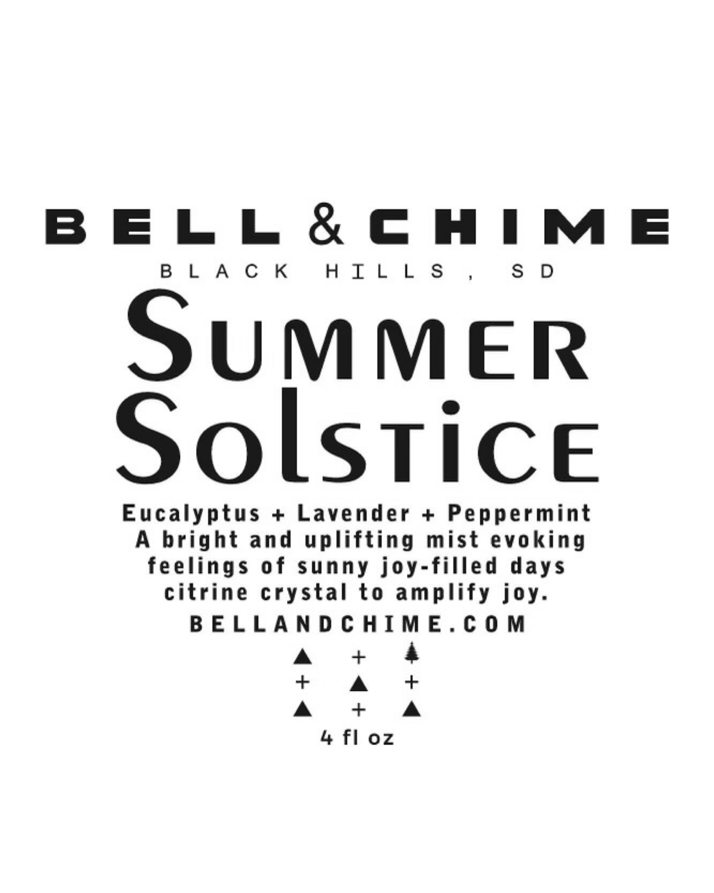 Bell & Chime: Black Hills, SD "Summer Solstice," Eucalyptus + Lavender + Peppermint, A bright and uplifting mist evoking feelings of sunny joy-filled days. Citrine crystals to amplify joy. 4 fl oz.