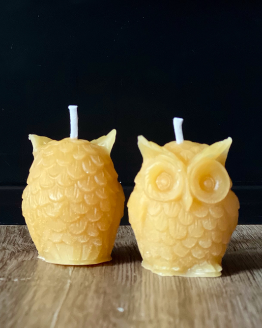 A 100% beeswax candle in the shape of a 2" tall owl.